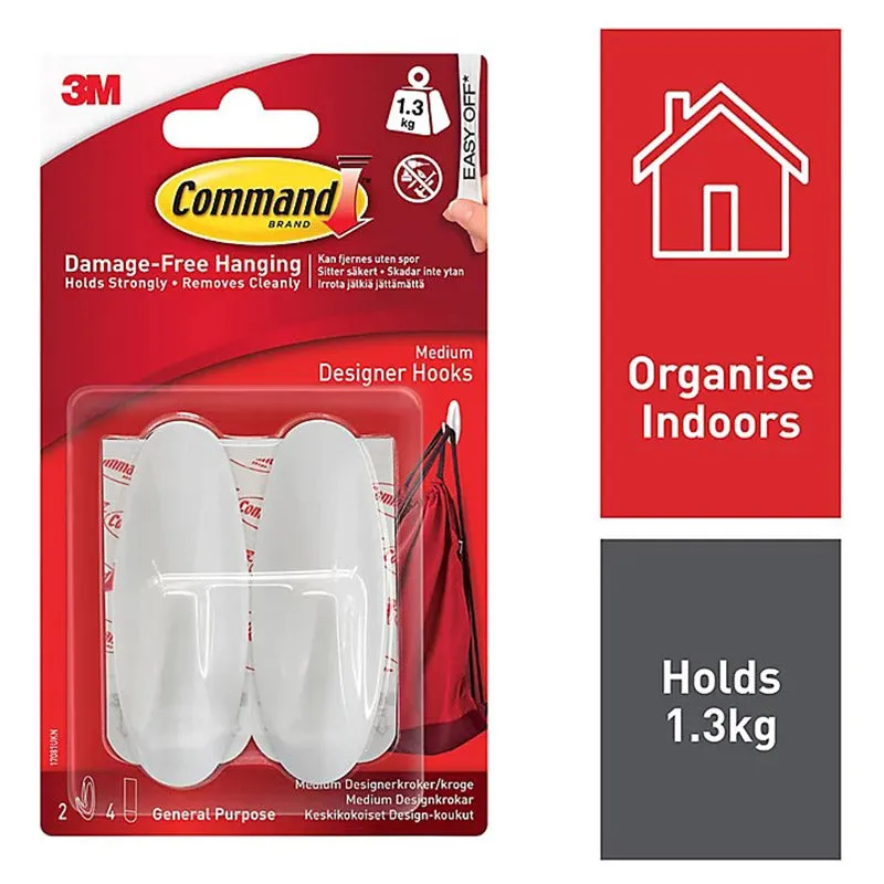 3M Command Medium Designer 2 Hooks/4 Strips Pack - White | 3M17081