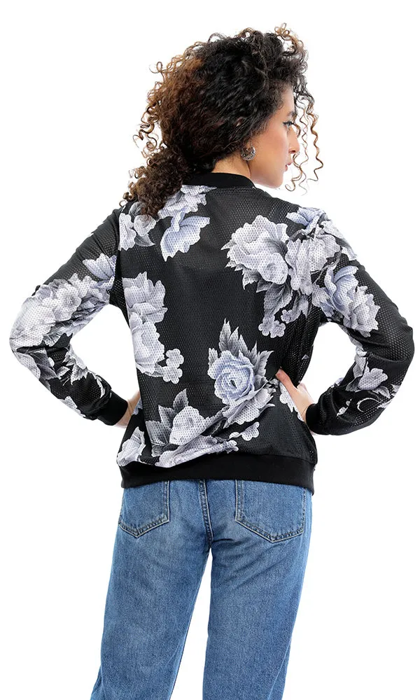 47693 Floral Zipped Perforated Short Summer Jacket - Black