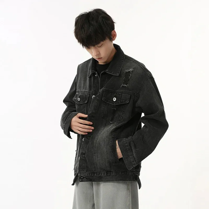 American Style Men's Denim Coats Hole Worn-out Contrast Color Tops Turn-down Collar Male Jackets New Trend Autumn 9C6830