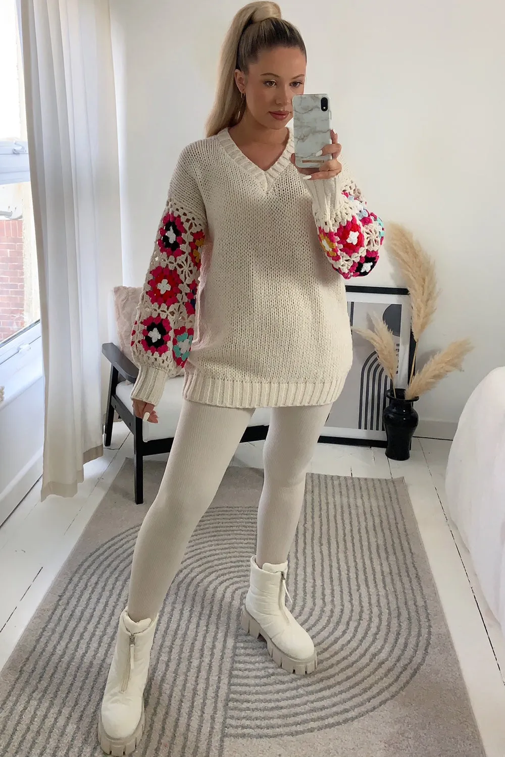 Anita Cream Crochet Pattern V Neck Knitted Jumper