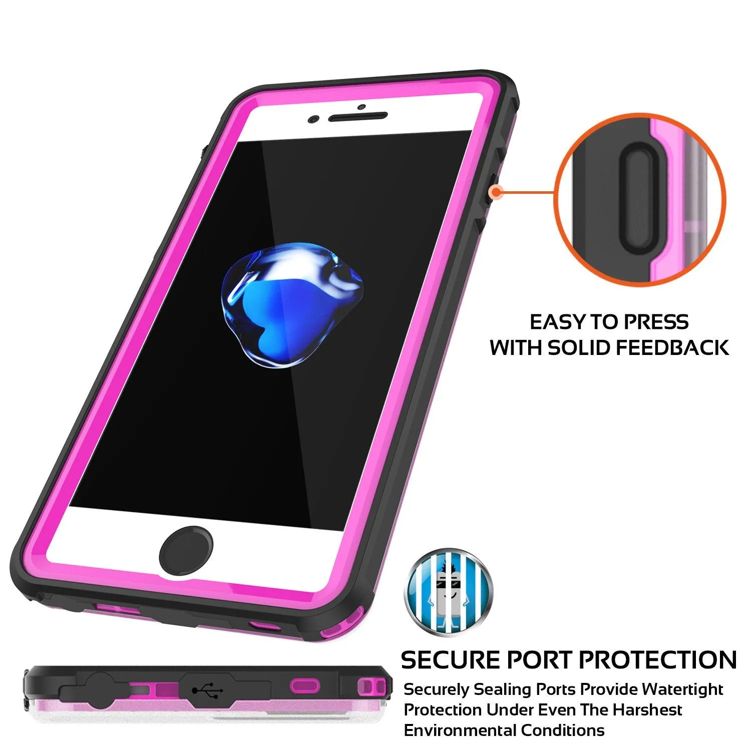 Apple iPhone 8 Waterproof Case, PUNKcase CRYSTAL Pink W/ Attached Screen Protector  | Warranty