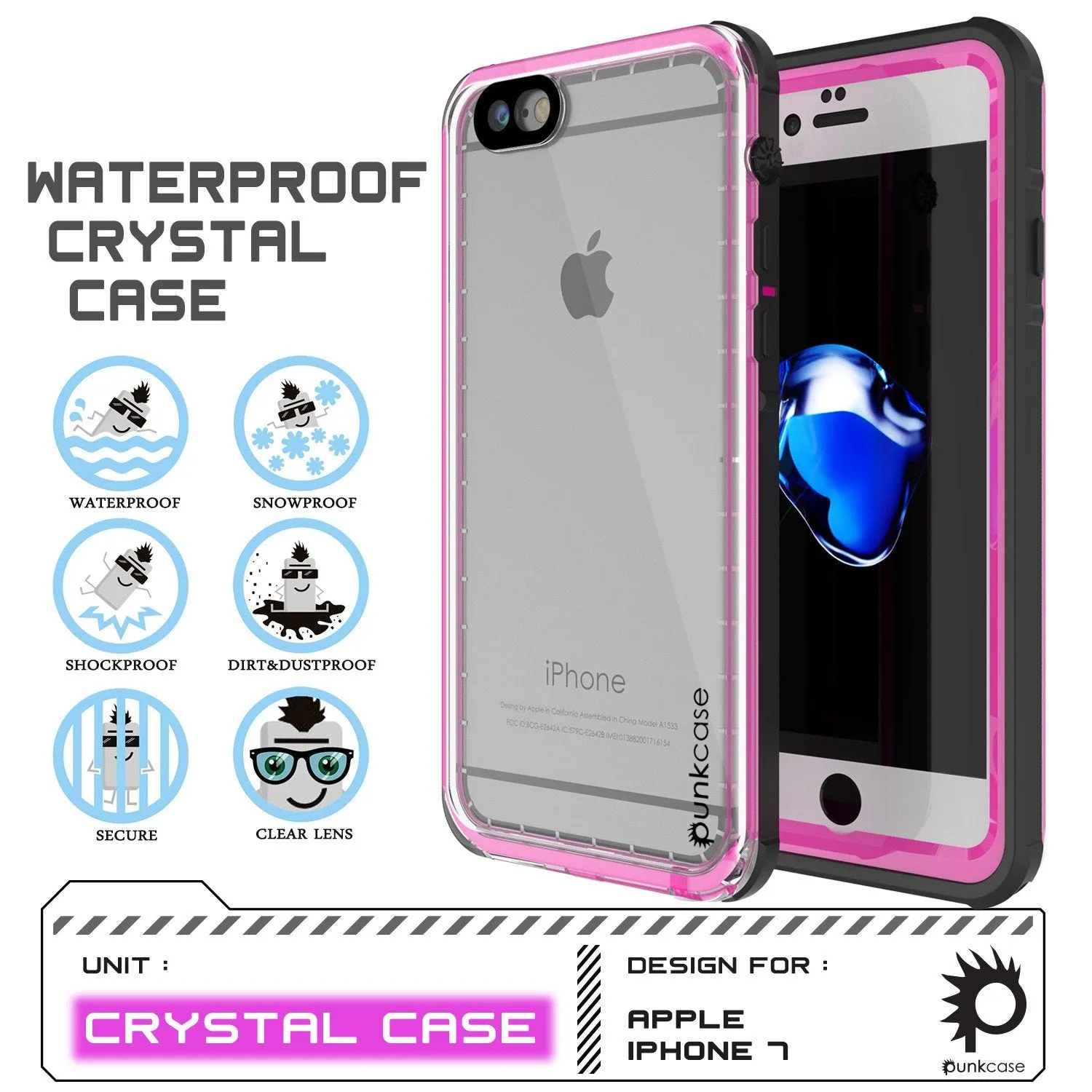 Apple iPhone 8 Waterproof Case, PUNKcase CRYSTAL Pink W/ Attached Screen Protector  | Warranty