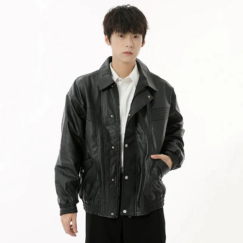 Autumn Men's Jackets Casual PU Leather Zipper Turn-down Collar Single Breasted Solid Color Male Loose Coats 9C6831