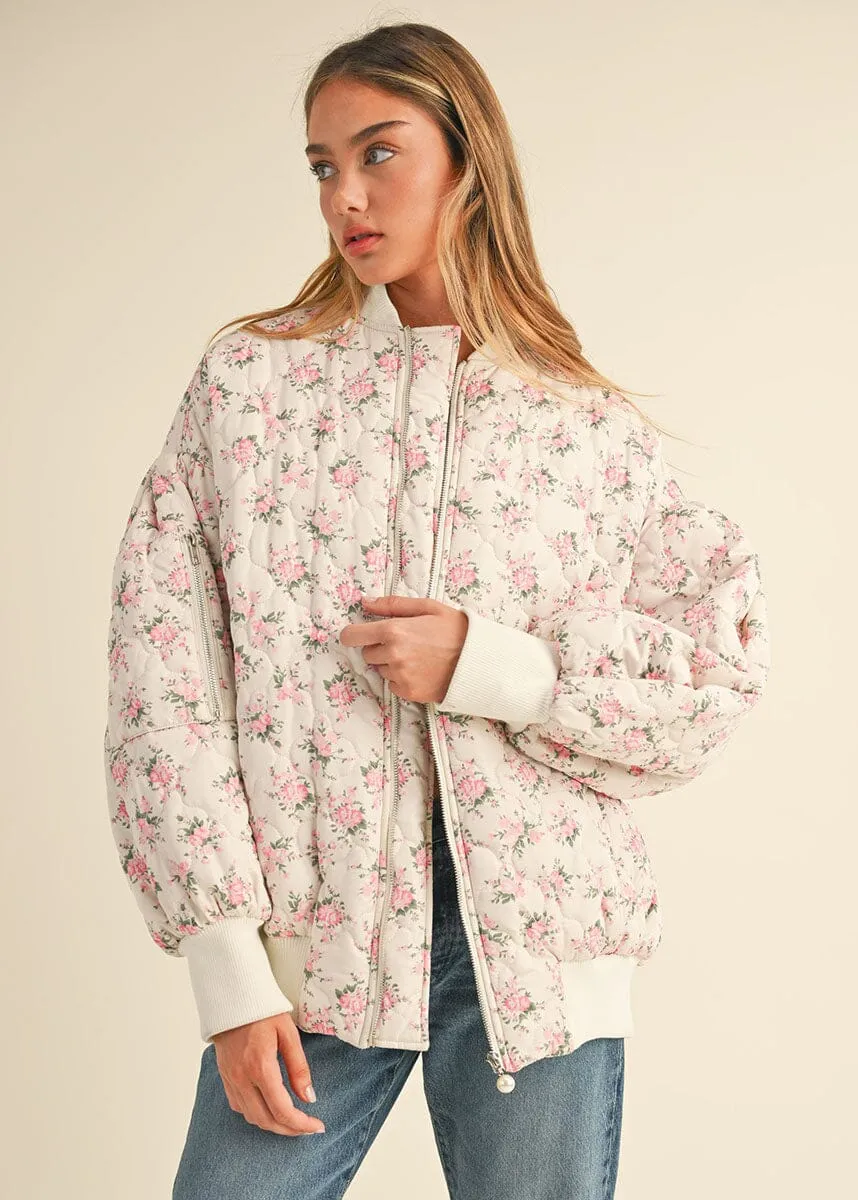 Ava Floral Quilted Bomber Jacket - Off White