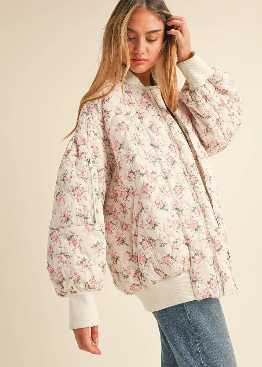 Ava Floral Quilted Bomber Jacket - Off White