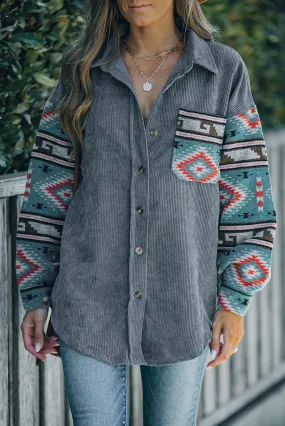 Aztec Pattern Sleeve Pocketed Gray Corduroy Shacket