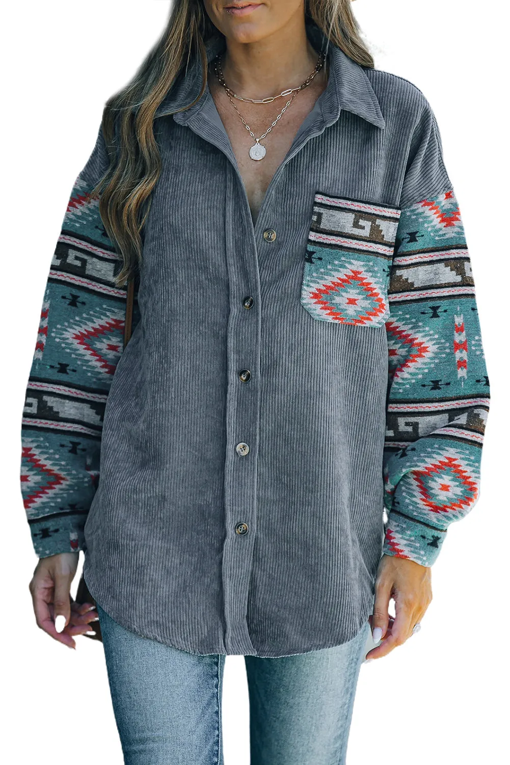 Aztec Pattern Sleeve Pocketed Gray Corduroy Shacket