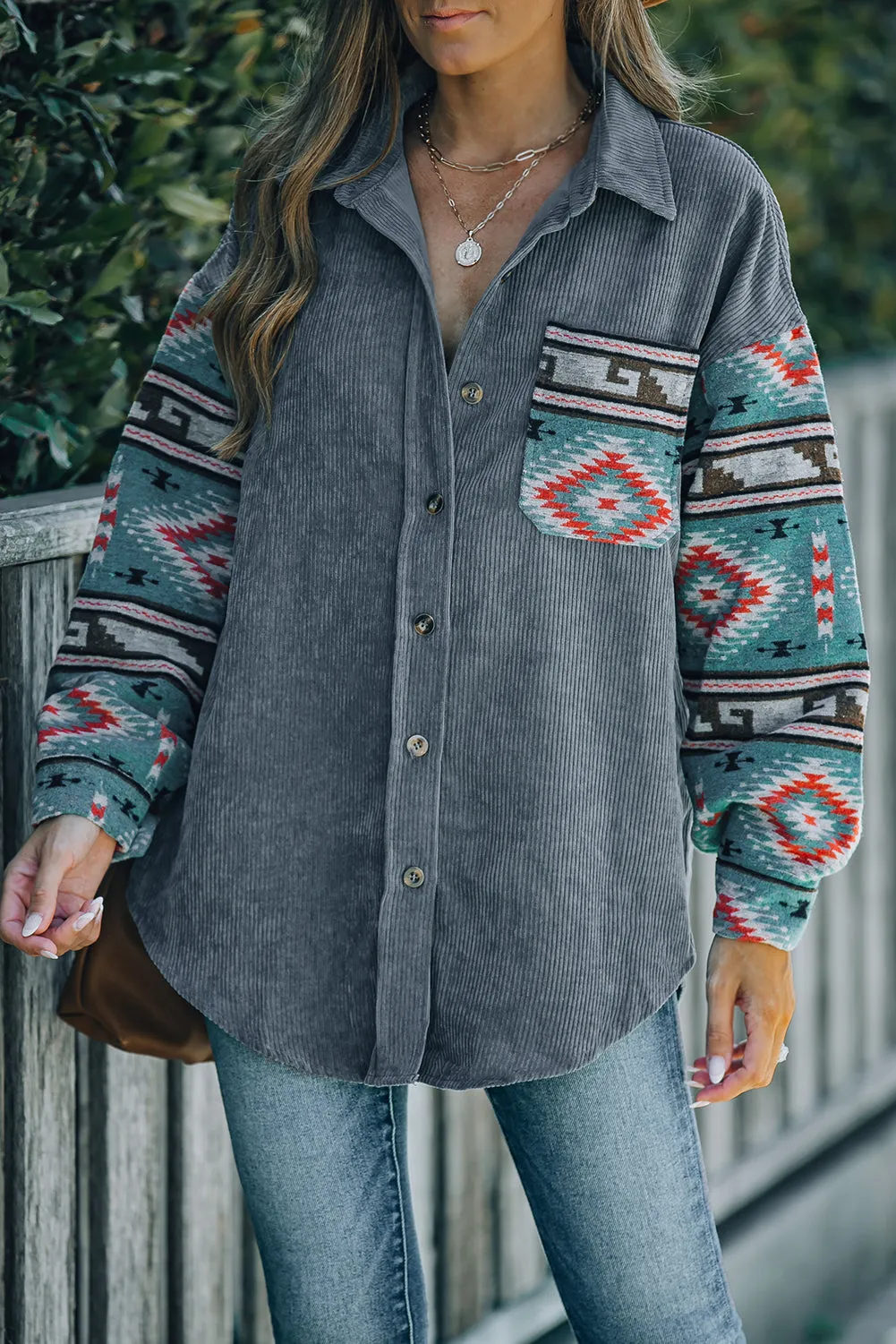 Aztec Pattern Sleeve Pocketed Gray Corduroy Shacket