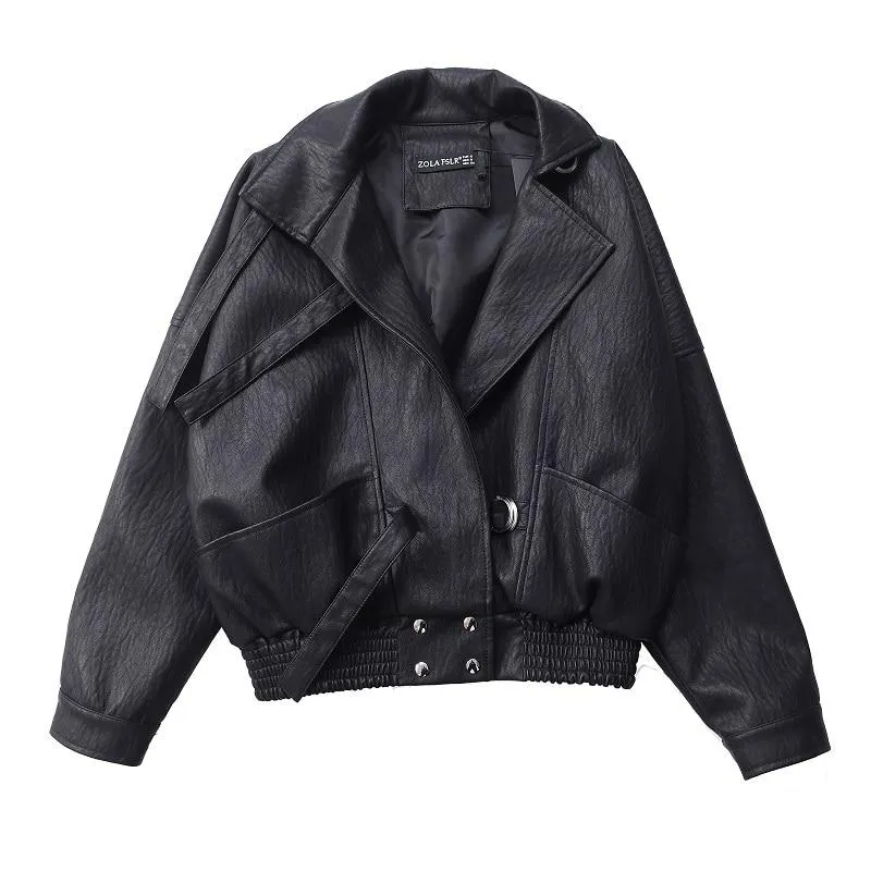 Bat Sleeve Black Synthetic Leather Harajuku Coats for Women Bikers