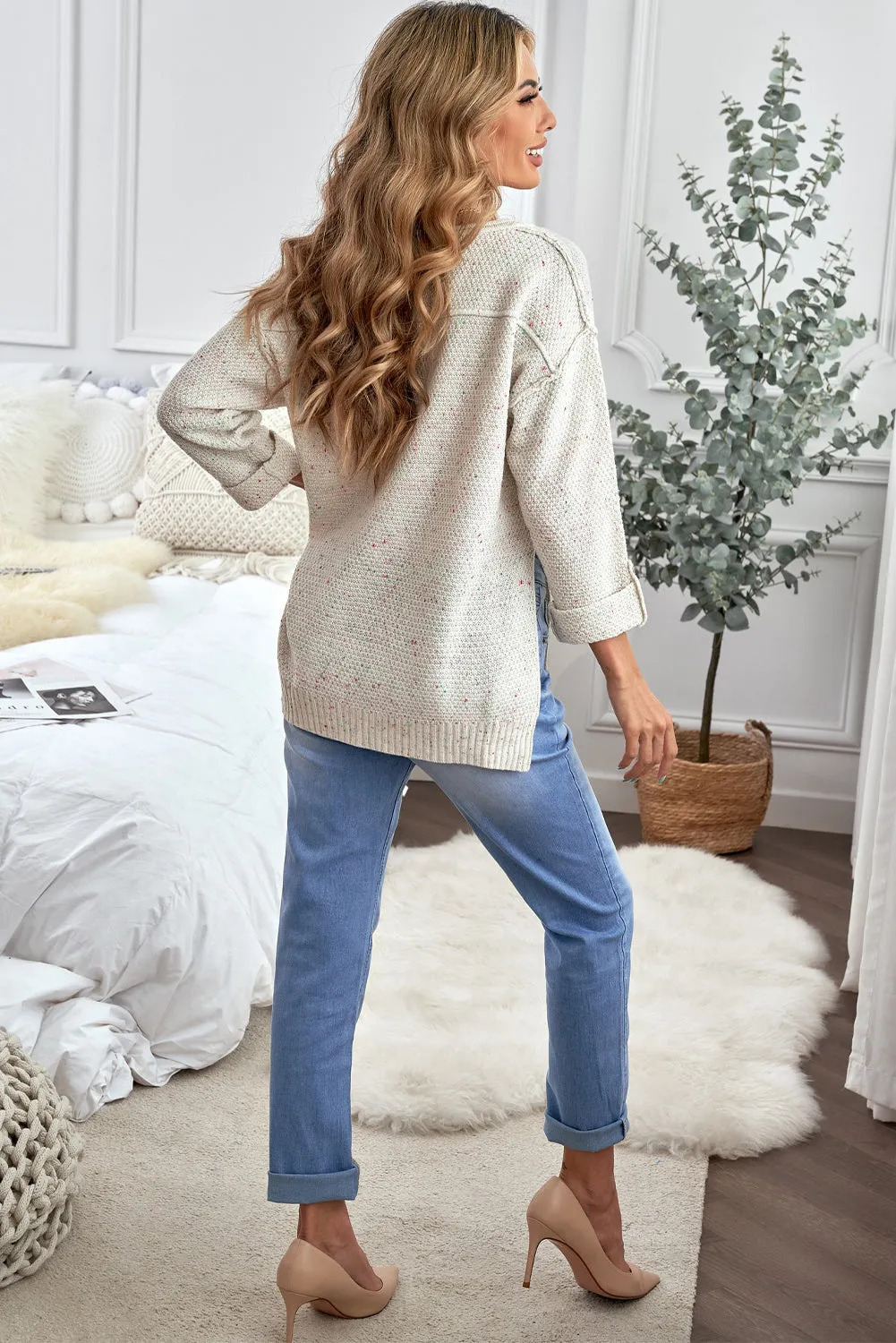 Beige Buttoned Drop Shoulder Knitted Sweater