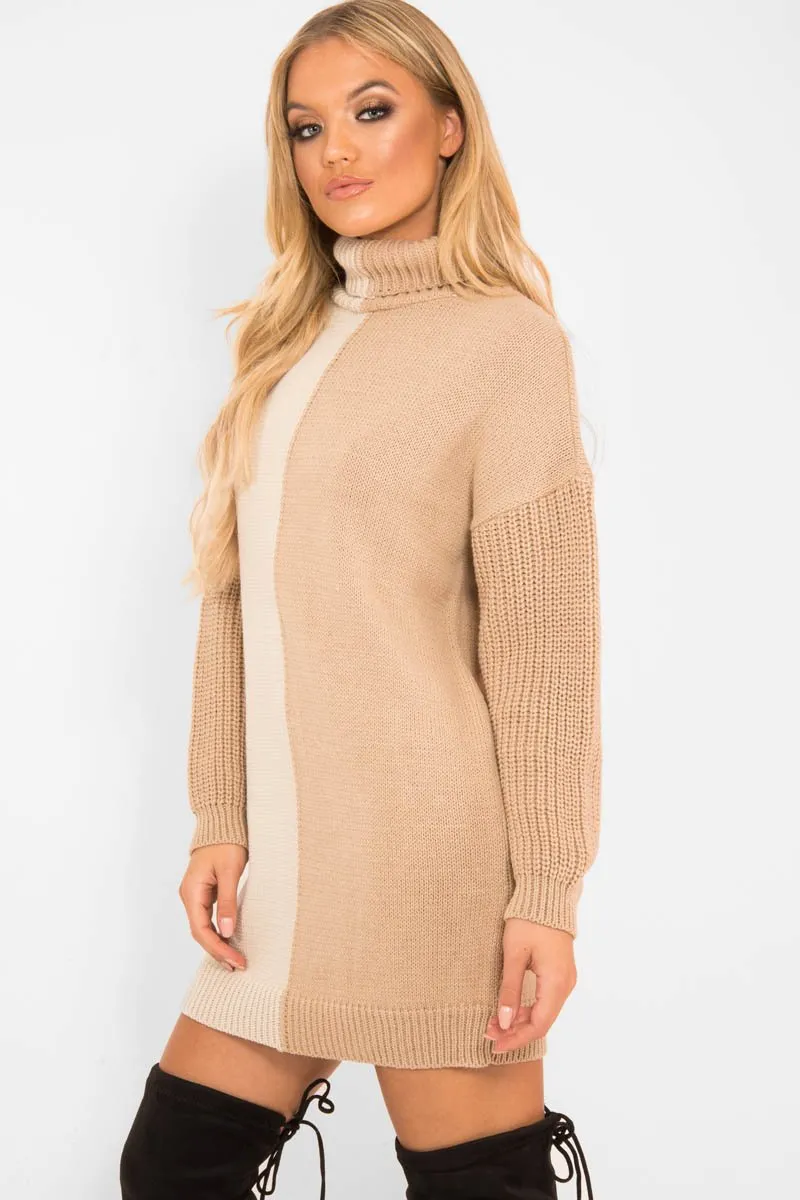 Beige Camel Colour Block Roll Neck Jumper - Milie