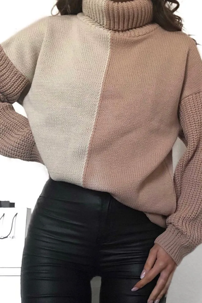 Beige Camel Colour Block Roll Neck Jumper - Milie