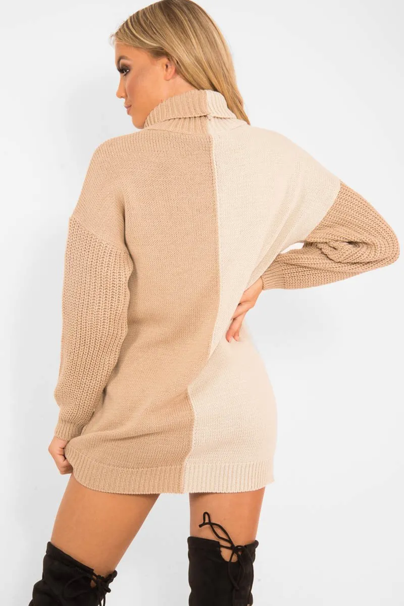 Beige Camel Colour Block Roll Neck Jumper - Milie