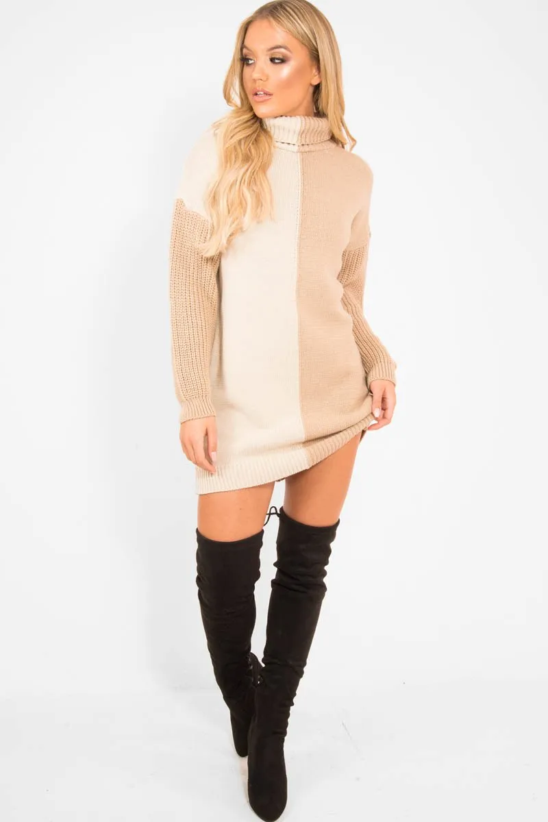 Beige Camel Colour Block Roll Neck Jumper - Milie