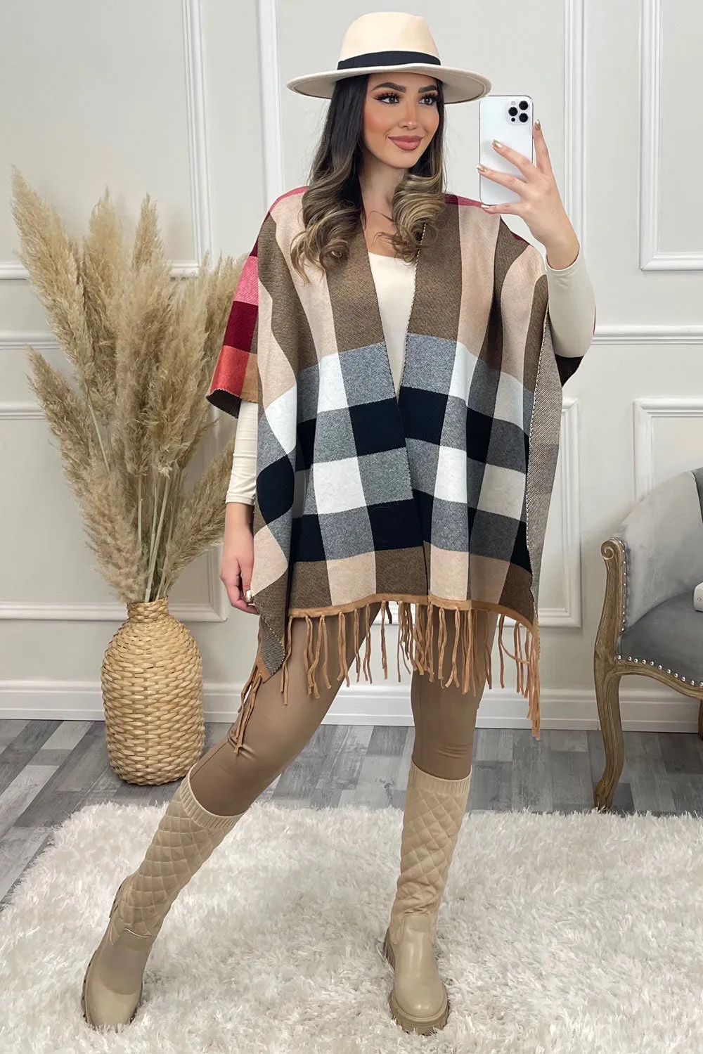 Beige Check Print Tassel Fringed Open Cape