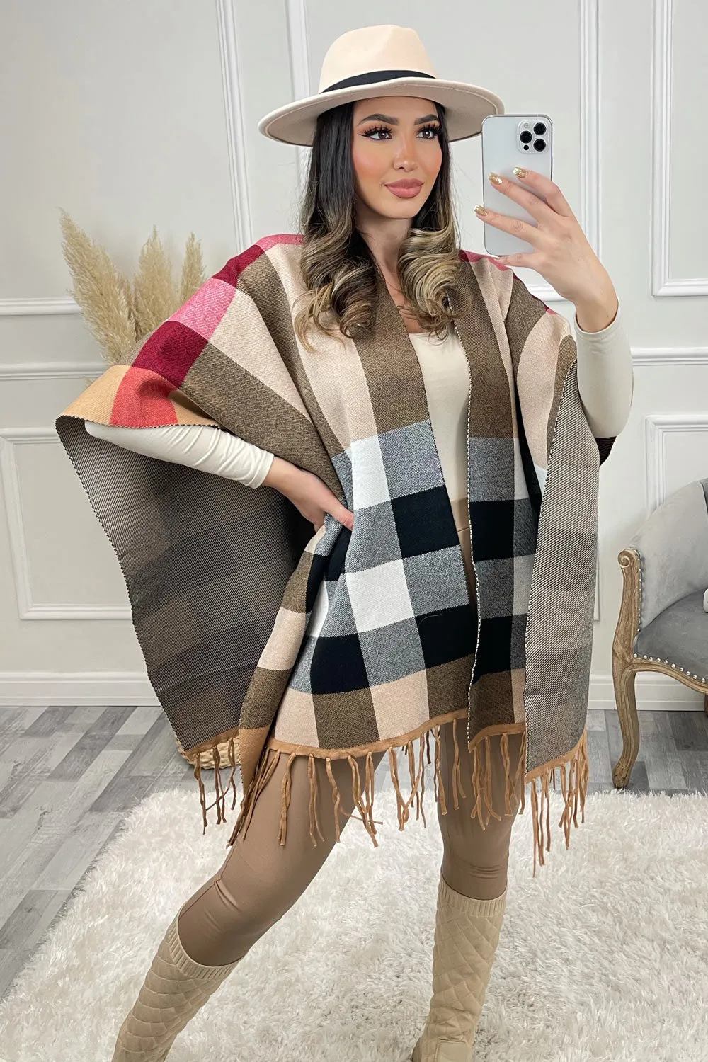 Beige Check Print Tassel Fringed Open Cape