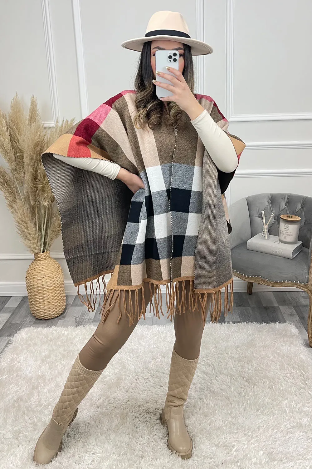 Beige Check Print Tassel Fringed Open Cape