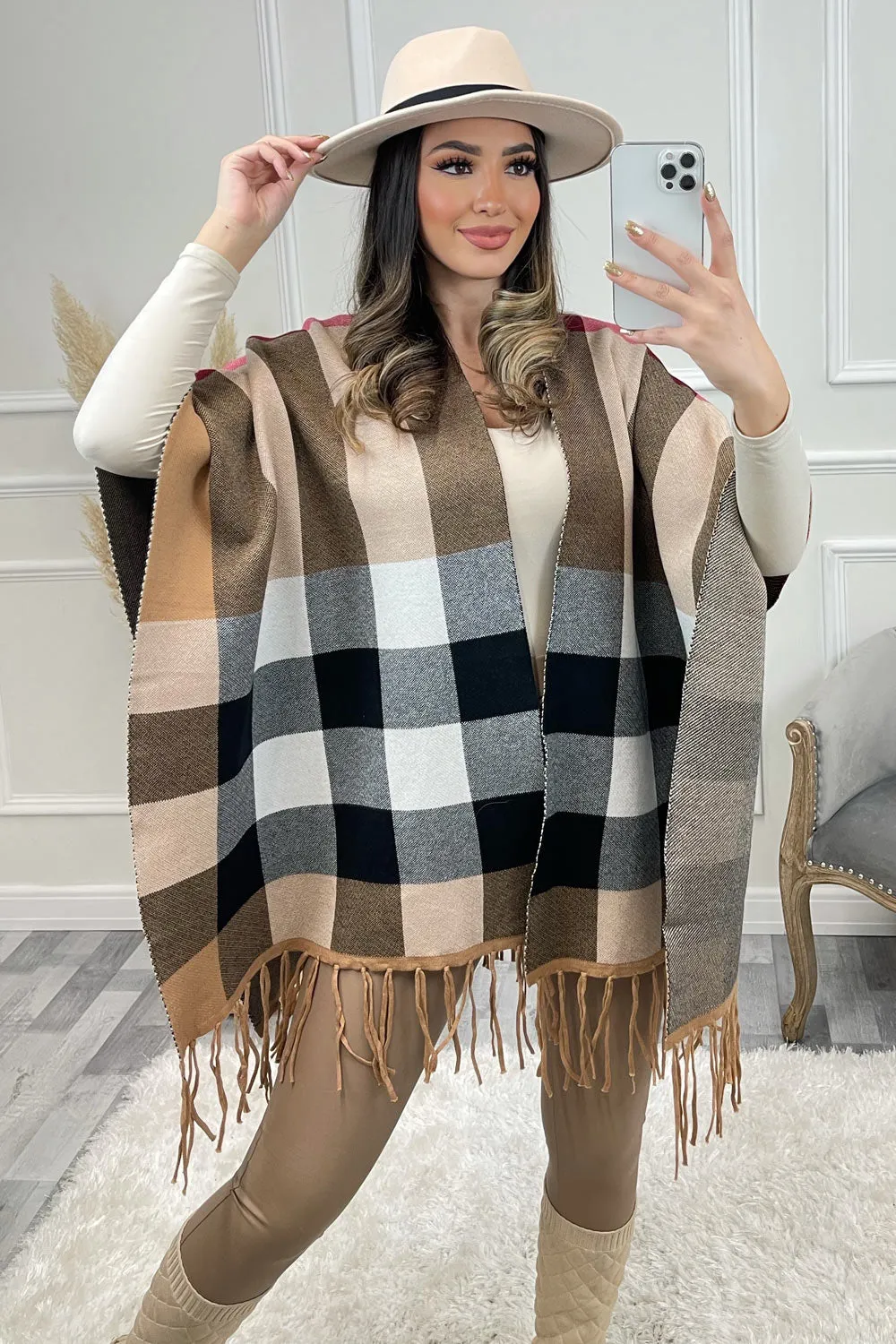 Beige Check Print Tassel Fringed Open Cape