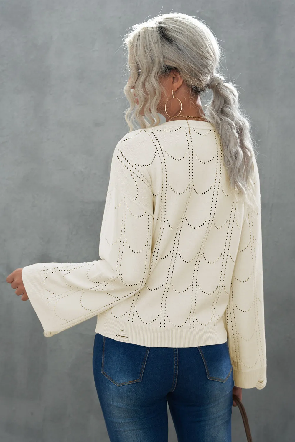 Beige Flare Sleeve Texture Knit Sweater