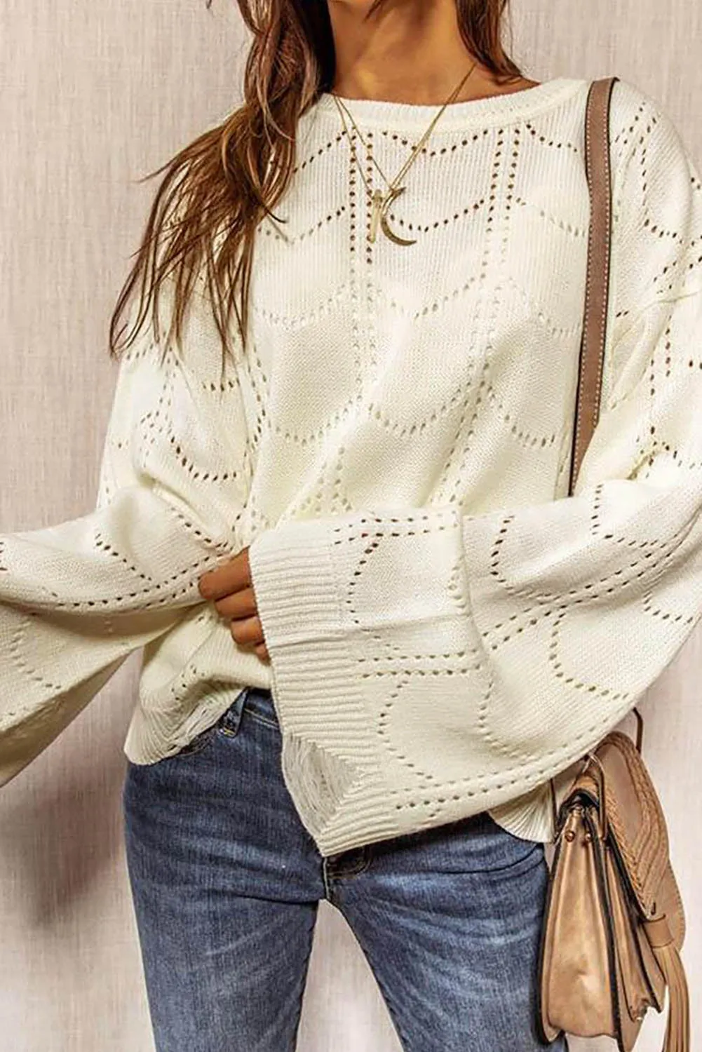 Beige Flare Sleeve Texture Knit Sweater