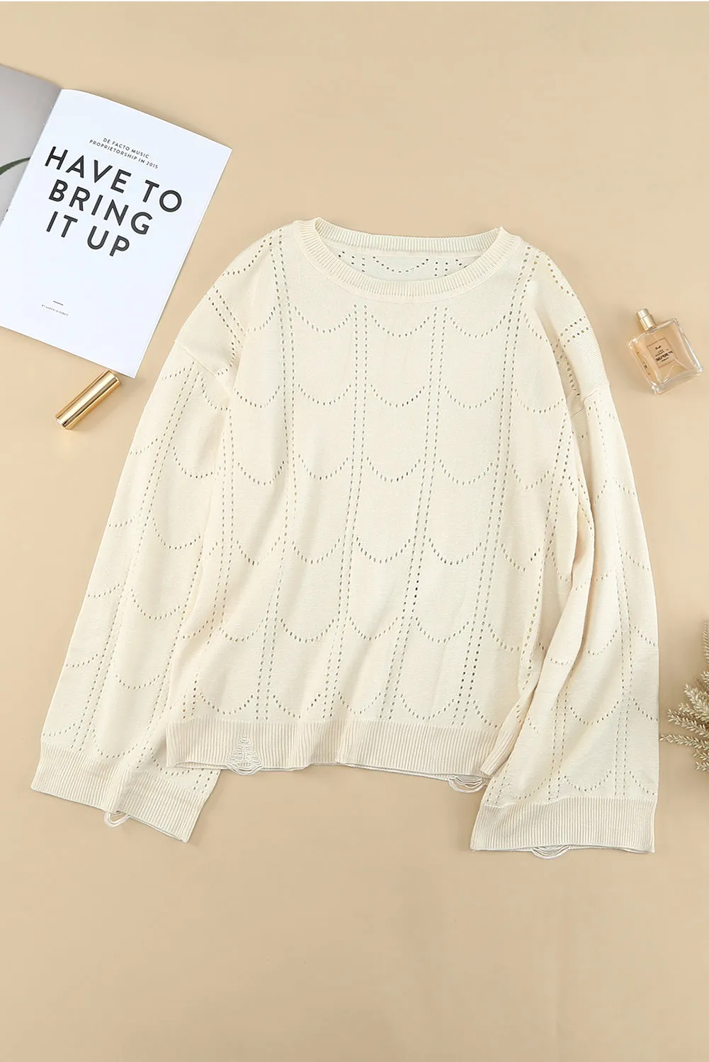 Beige Flare Sleeve Texture Knit Sweater