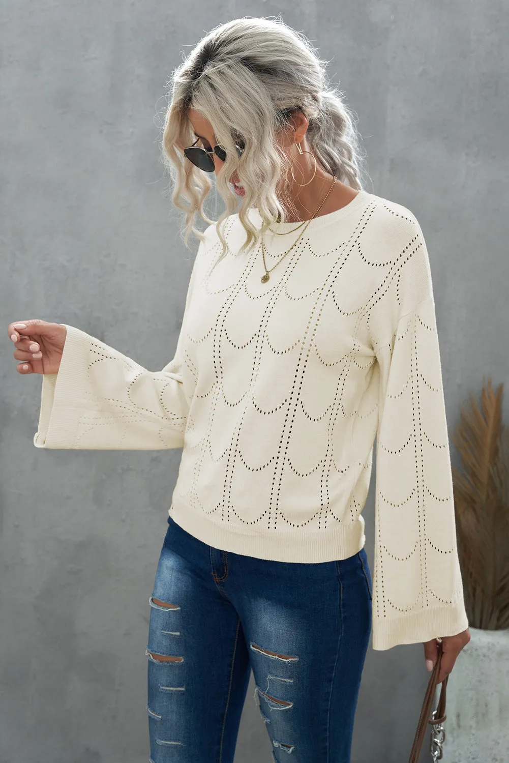 Beige Flare Sleeve Texture Knit Sweater