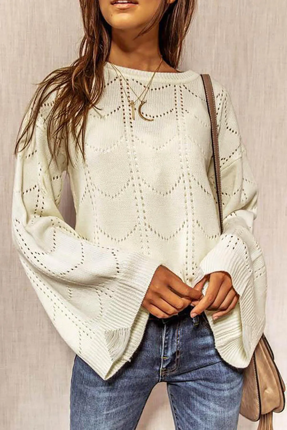 Beige Flare Sleeve Texture Knit Sweater