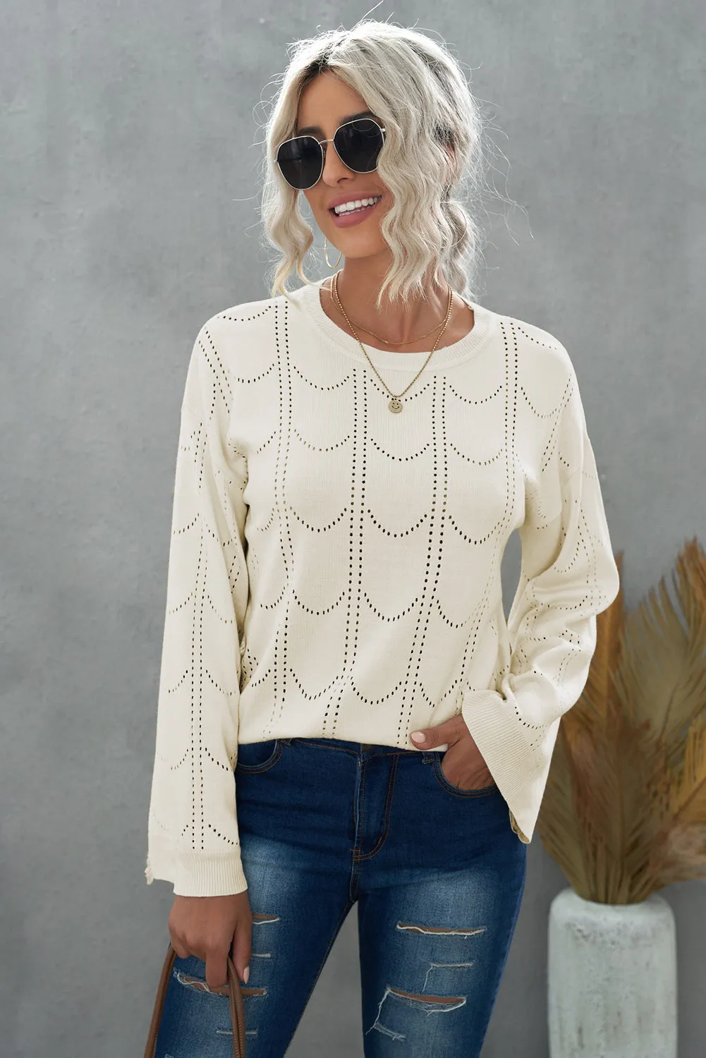 Beige Flare Sleeve Texture Knit Sweater