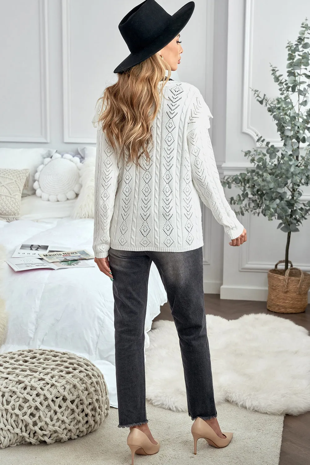 Beige Ruffled Buttoned Knitted Sweater