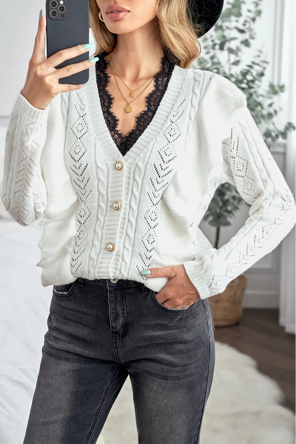 Beige Ruffled Buttoned Knitted Sweater