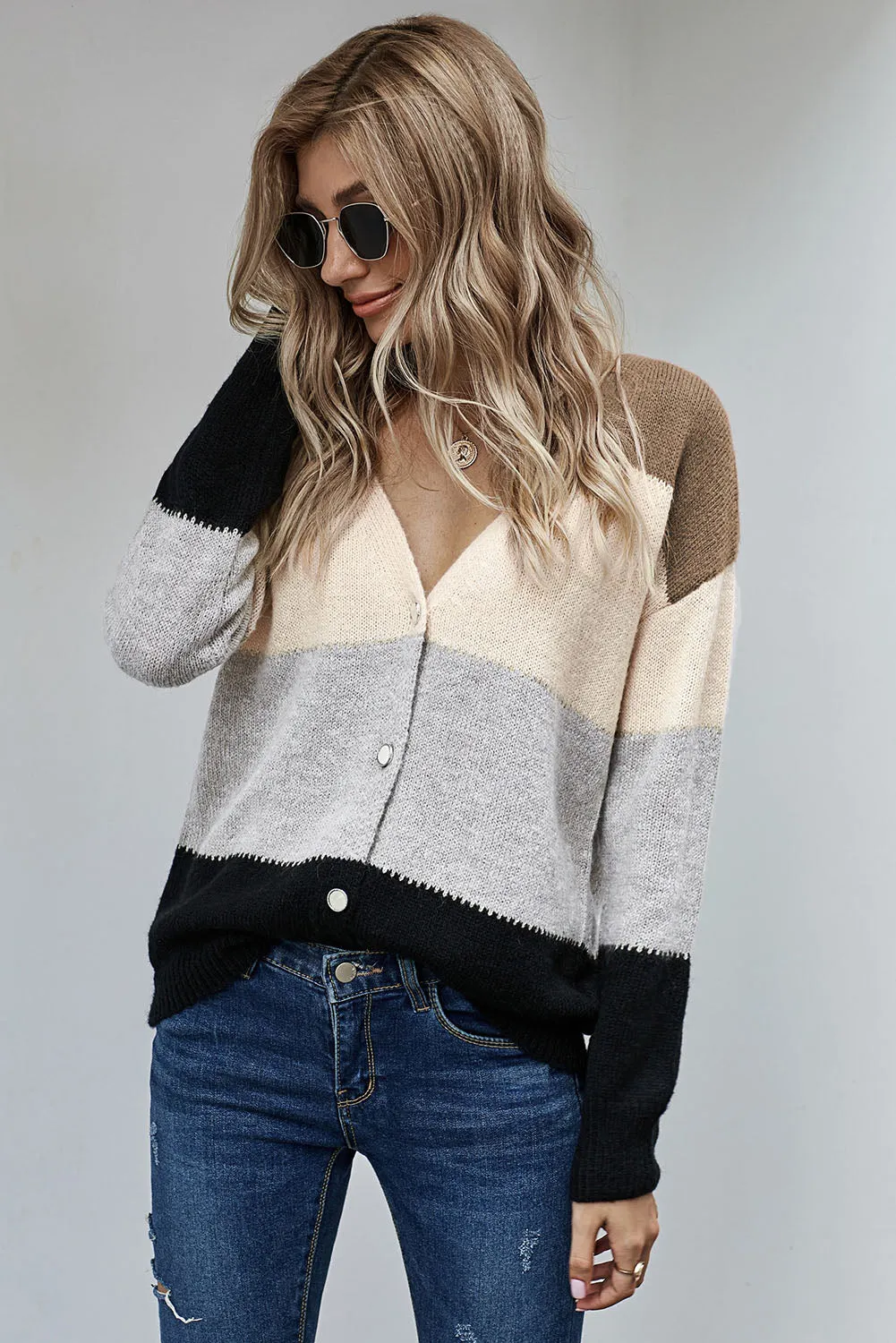 Black Color block Buttoned Closure Sweater