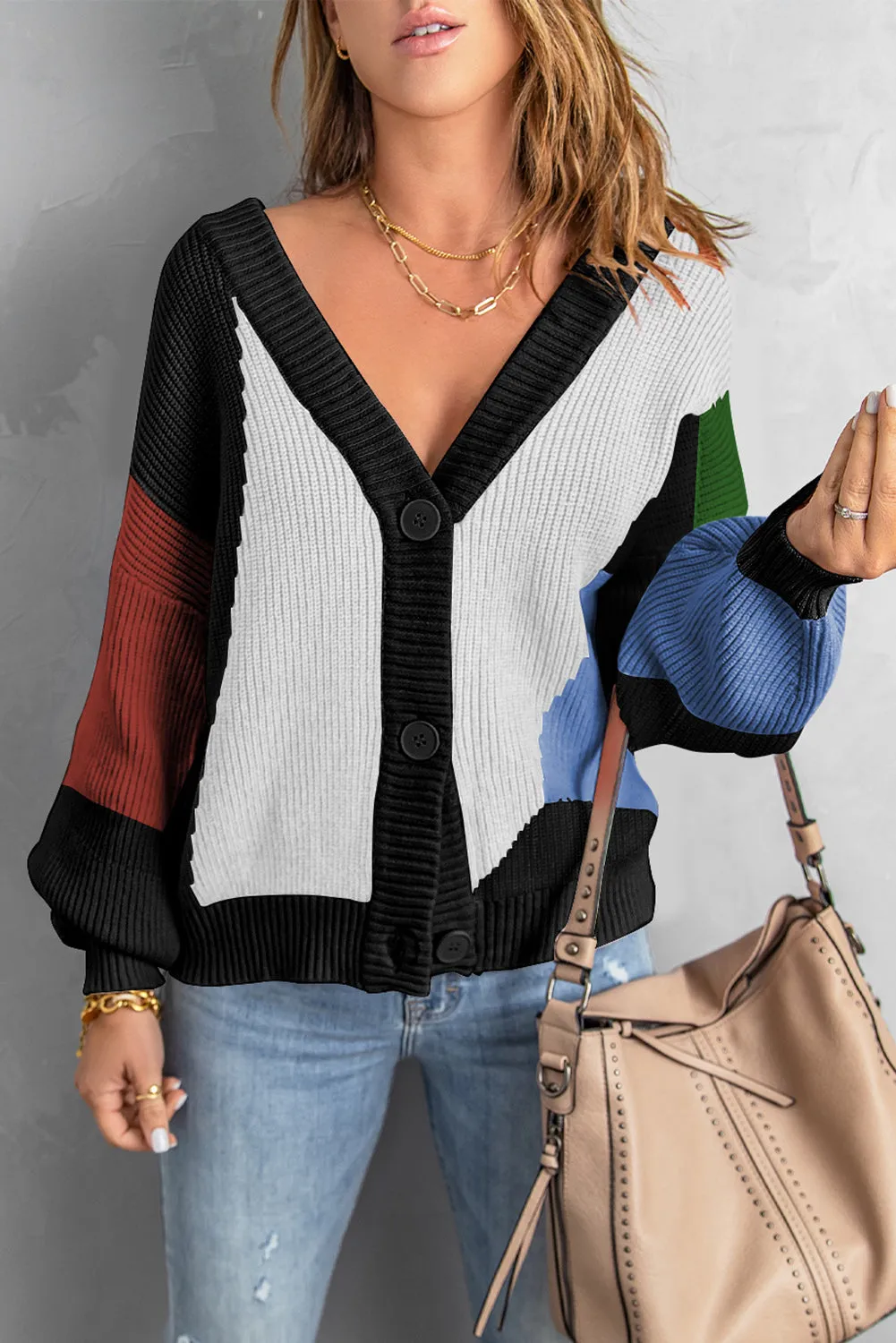 Black Color Block Drop-Shoulder Sleeve Sweater