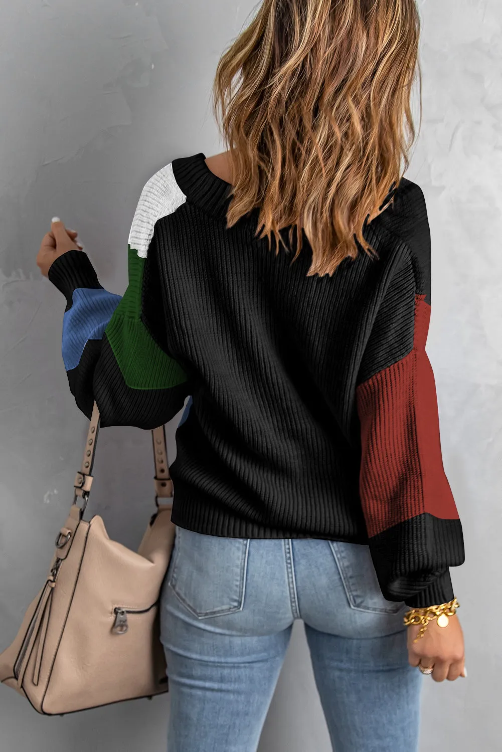 Black Color Block Drop-Shoulder Sleeve Sweater