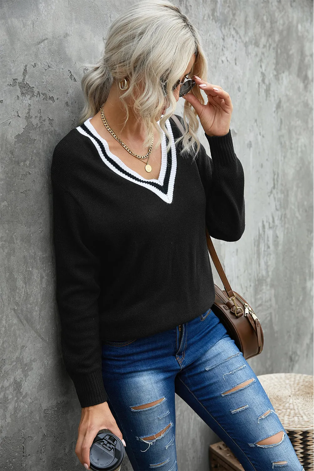 Black Deep V Contrasted Neckline Knit Sweater