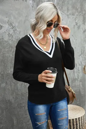 Black Deep V Contrasted Neckline Knit Sweater