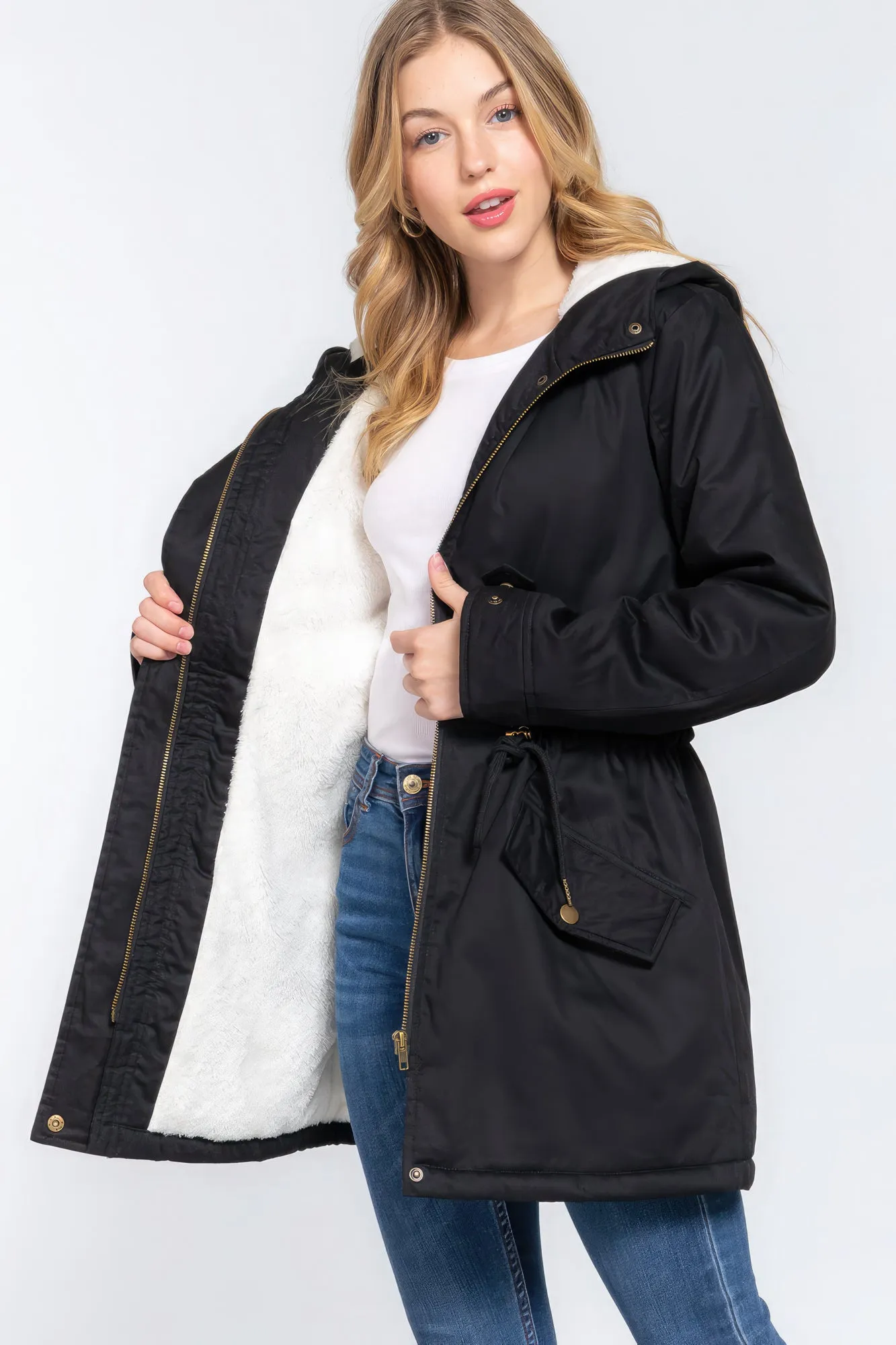 Black Fleece Lined Fur Hoodie Utility Jacket