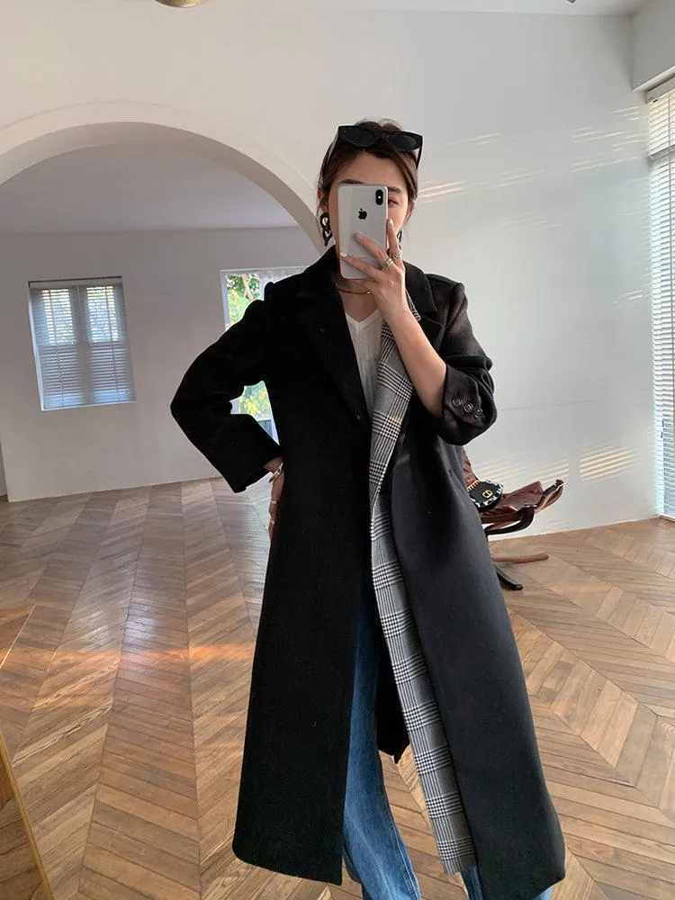 Black Match Plaid Thicken Long Wool Coat