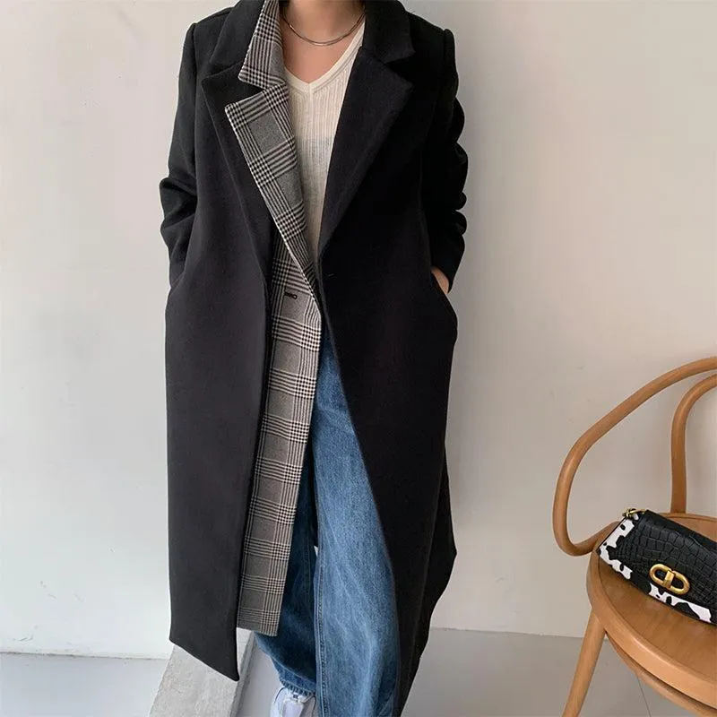 Black Match Plaid Thicken Long Wool Coat