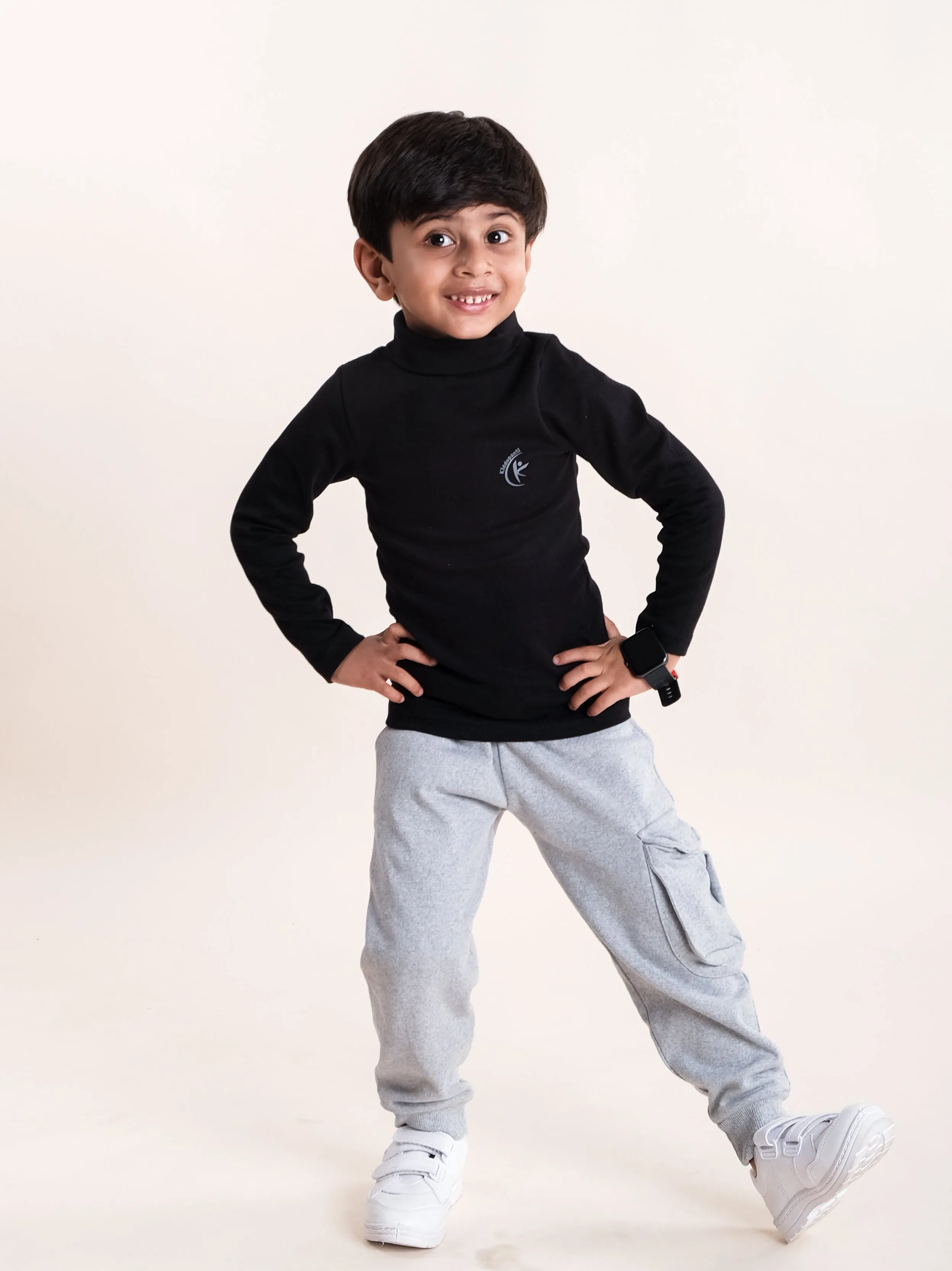 Boys Cotton Solid Turtle Neck Full Sleeve Tee With Fleece Cargo Track Pant Set