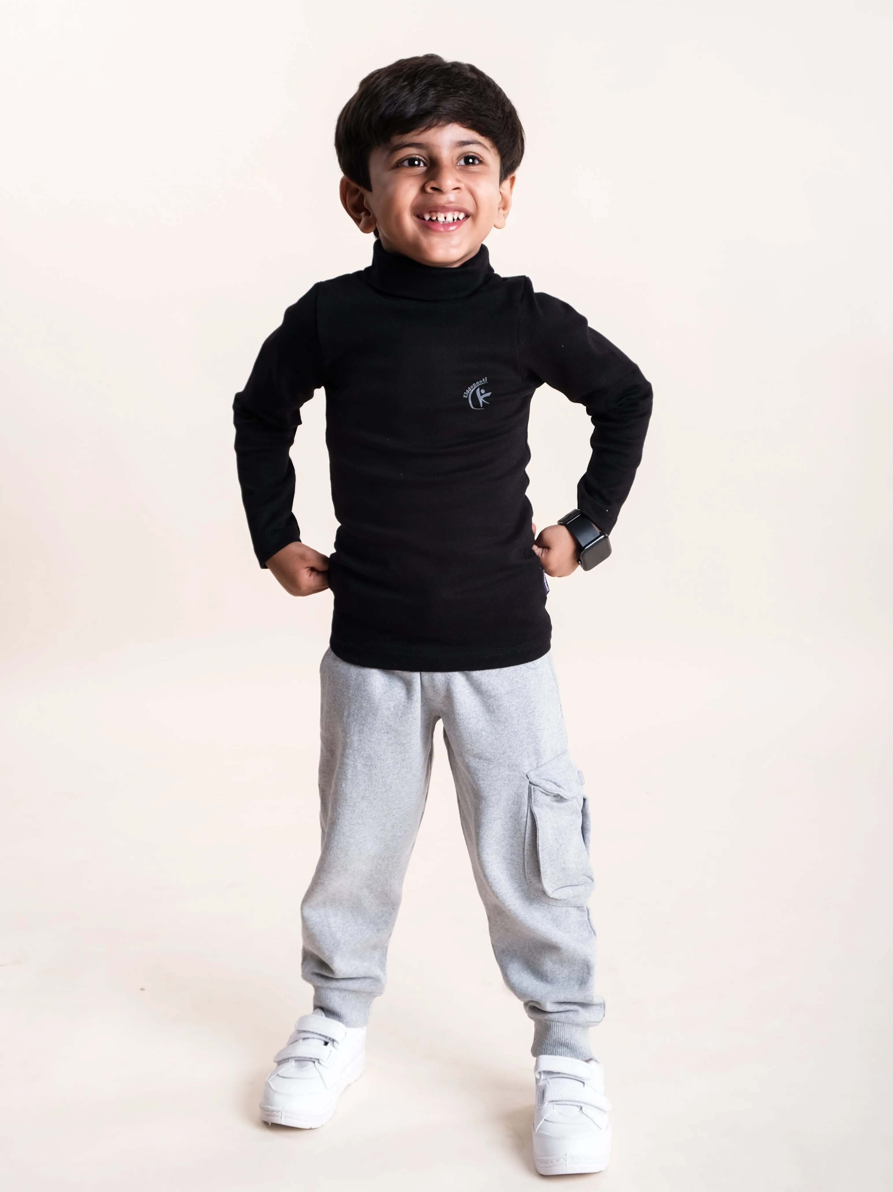 Boys Cotton Solid Turtle Neck Full Sleeve Tee With Fleece Cargo Track Pant Set