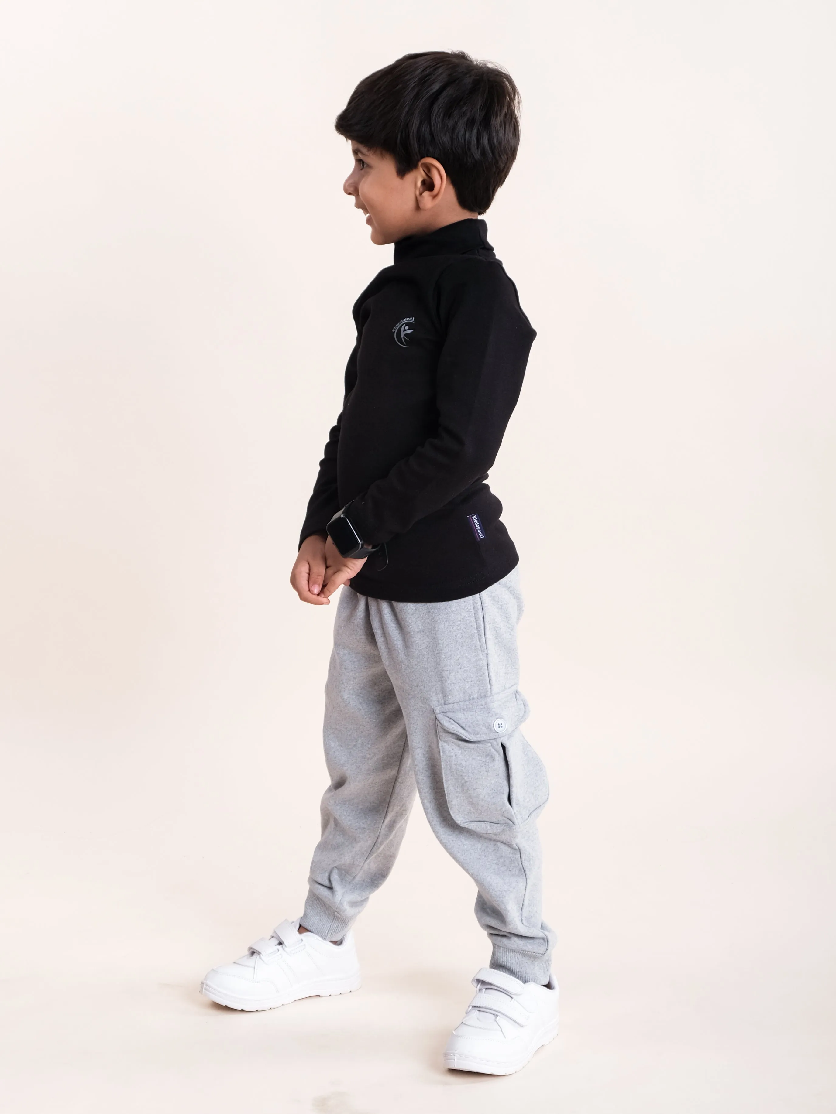 Boys Cotton Solid Turtle Neck Full Sleeve Tee With Fleece Cargo Track Pant Set