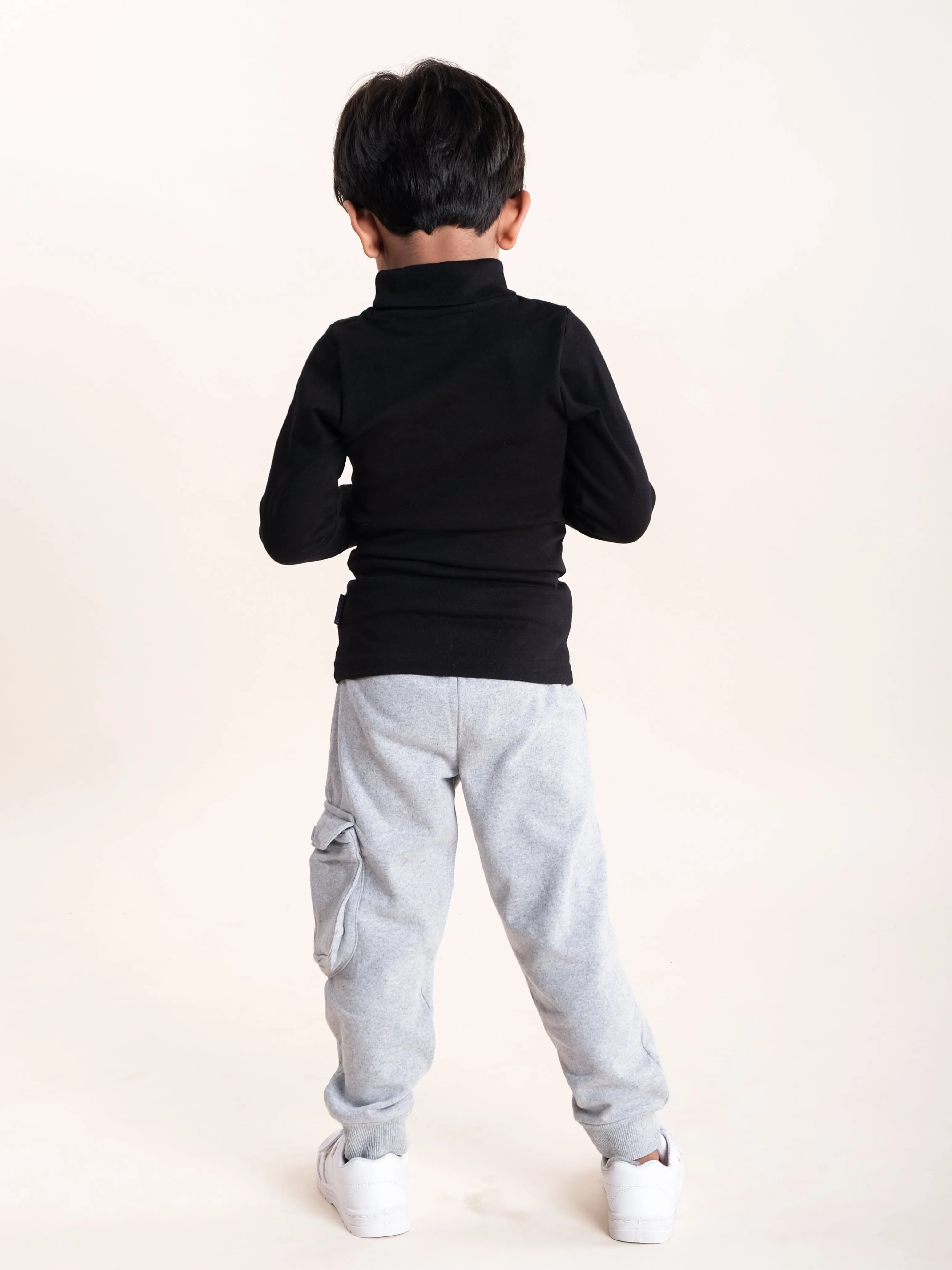 Boys Cotton Solid Turtle Neck Full Sleeve Tee With Fleece Cargo Track Pant Set