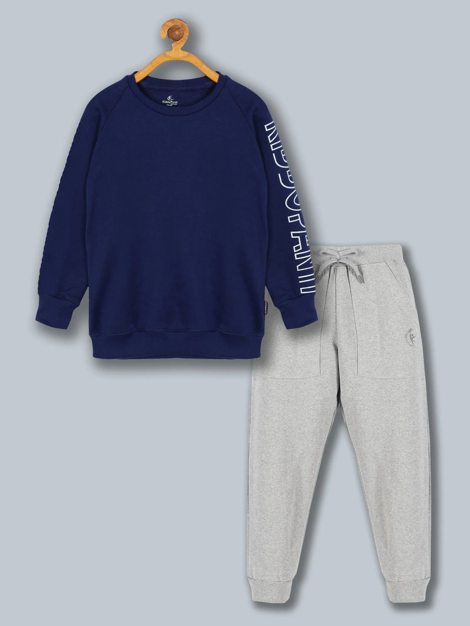 Boys "Kiddopanti" Print Round Neck sweatshirt & Solid Fleece Track Pant Set