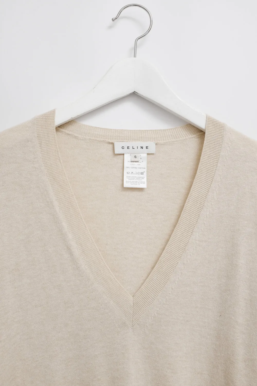 CELINE BEIGE PURE COTTON V NECK KNIT