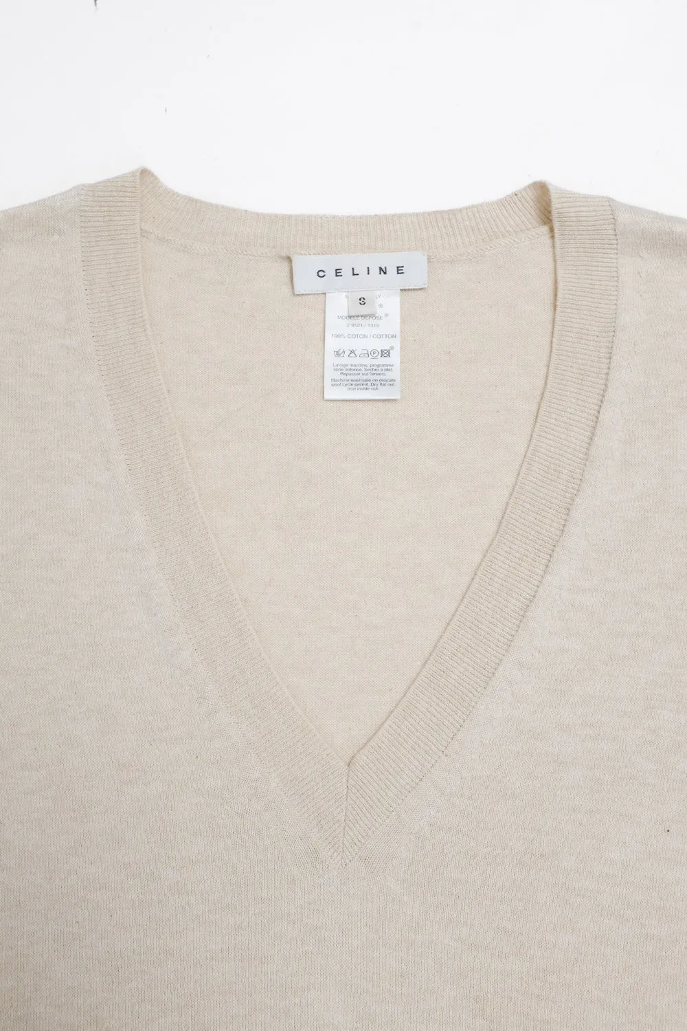 CELINE BEIGE PURE COTTON V NECK KNIT