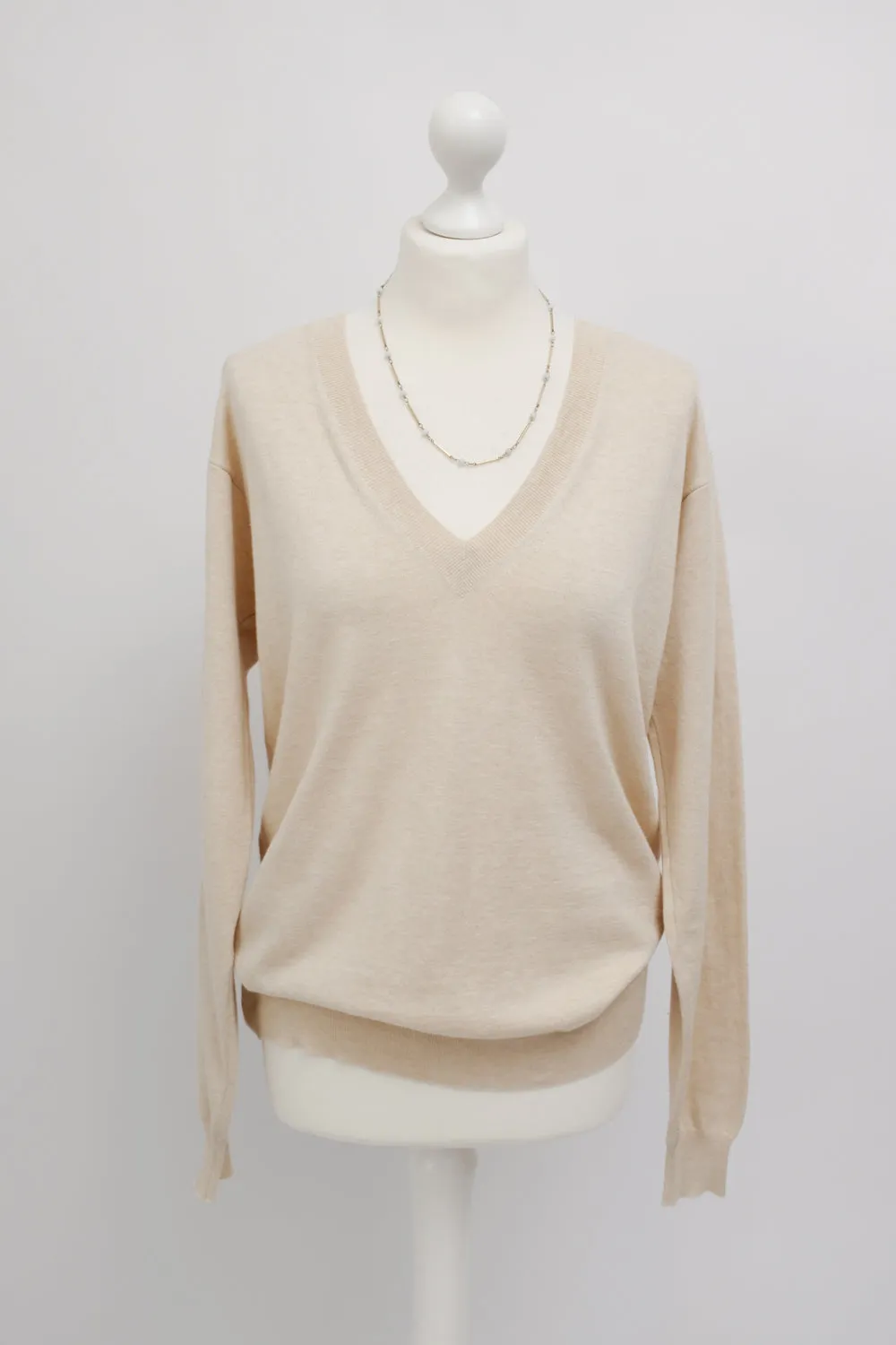 CELINE BEIGE PURE COTTON V NECK KNIT