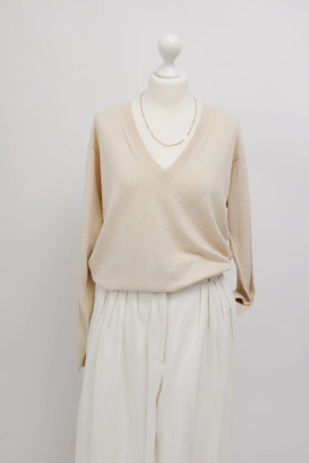 CELINE BEIGE PURE COTTON V NECK KNIT