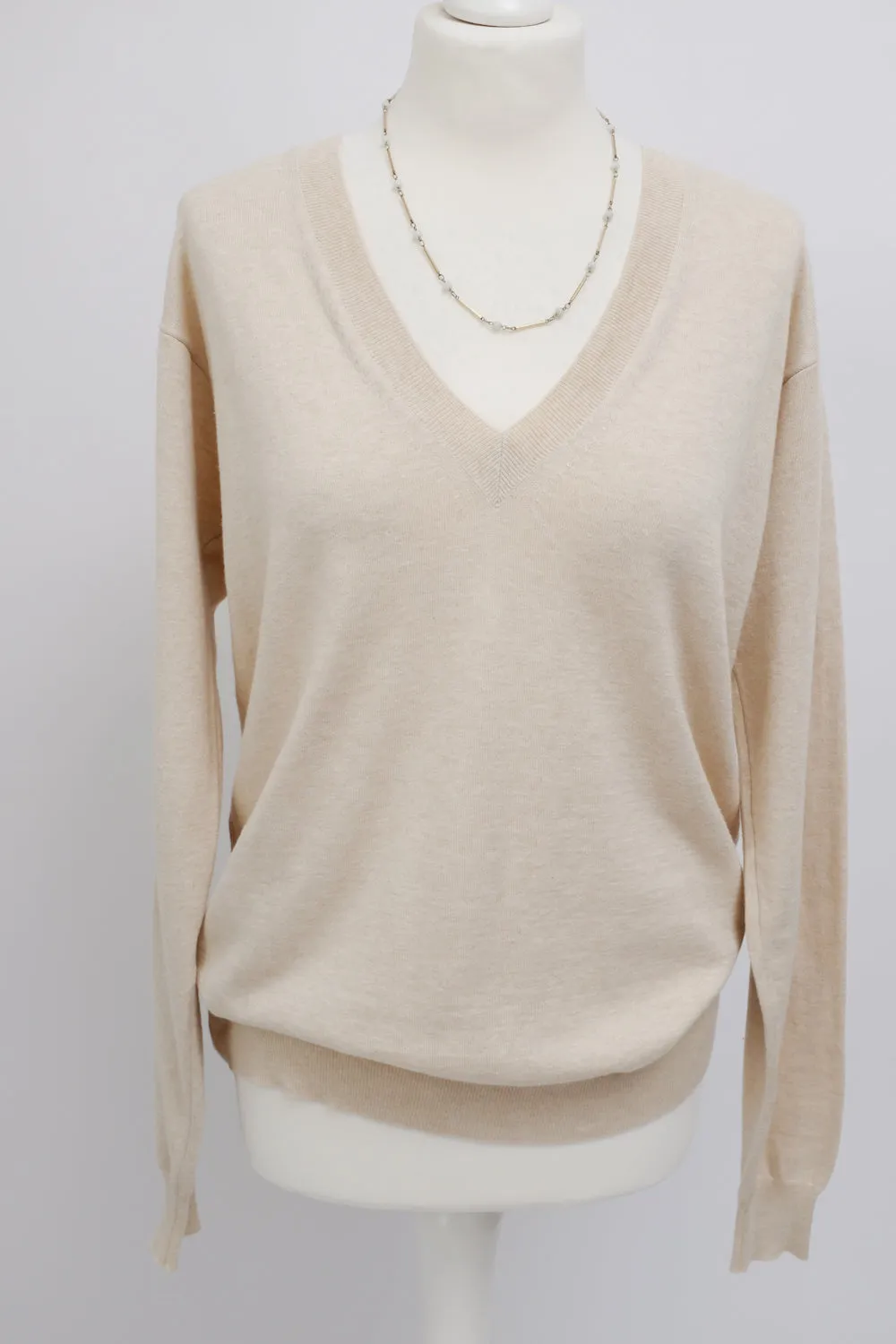 CELINE BEIGE PURE COTTON V NECK KNIT