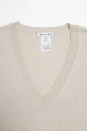 CELINE BEIGE PURE COTTON V NECK KNIT