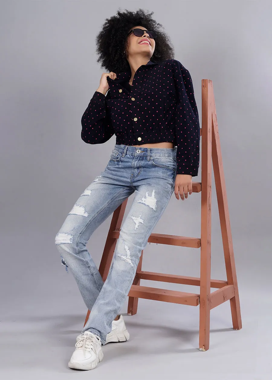 Corduroy Classic Navy Cropped Jacket For Women